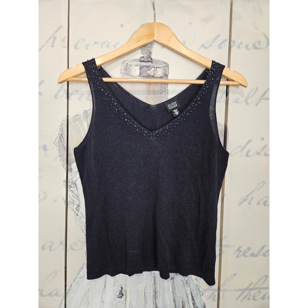 Eileen Fisher‎ Tank Top Small Navy Blue Beaded V-Neck Italian Yarn Knit Shell